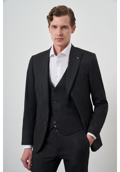 Morven Erkek Siyah Trend Yelekli Slim Fit Sivri Yaka Takım Elbise 25mc001069001 Siyah