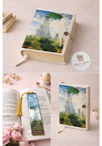 Kitap Kılıfı Ve Metal Kitap Ayracı Seti Claude Monet Gezinti Şemsiyeli Kadın
