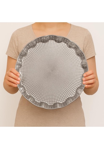 Osmanlı Motifli Yuvarlak Metal Servis Tepsisi 6 Kişilik Sunum Tepsisi, 35 Cm, 495 G, Gold Ve Gümüş Renk Seçeneği Gümüş Grisi Çok Renkli