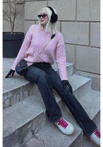 Madmext Pembe Balıkçı Yaka Örgülü Triko Kazak Mg2336 Pembe