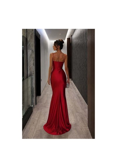 Lior Design Kadın Tasarım Saten Kumaş Kalp Yaka Askılı Abiye Elbise Kırmızı