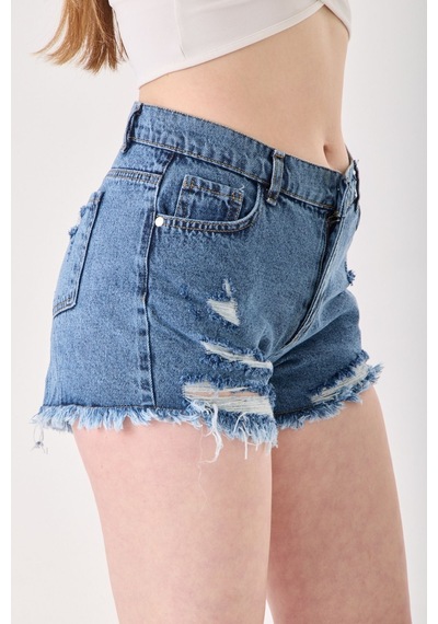 Eseclass Modern Kesim Yüksek Bel Püskül Paça Denim Şort Koyu Mavi Koyu Mavi
