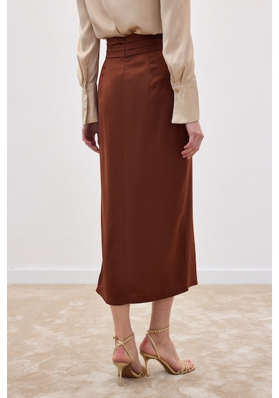Sateen Bel Pile Detaylı Saten Etek - Kahve-136548 Kahve