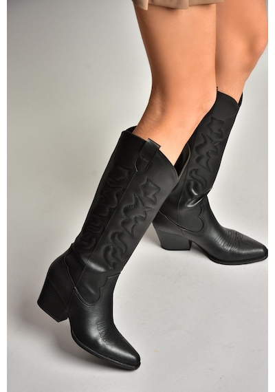 Fox Shoes T296815009 Siyah Kovboy Model Kadın Çizme Siyah-Suni Deri
