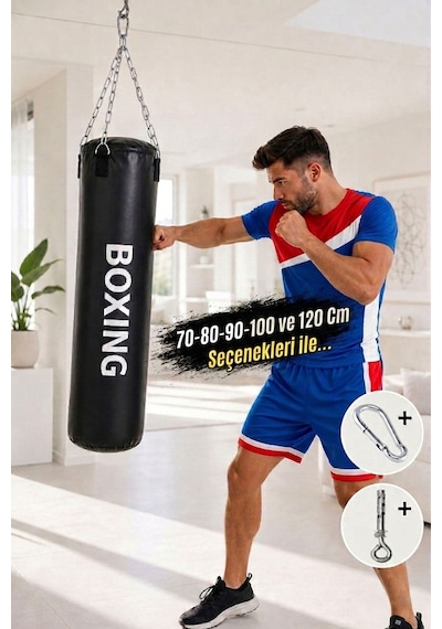 100 Cm x 30 Cm Hazır Dolu Boks Kum Torbası + Tavan Askı Kancası Siyah