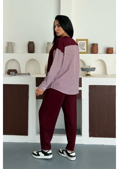 Ded Collectıon Kadın Çizgili Uzun Kollu Gömlek Detaylı Yuvarlak Yaka Sweatshirt Modal Takım Bordo