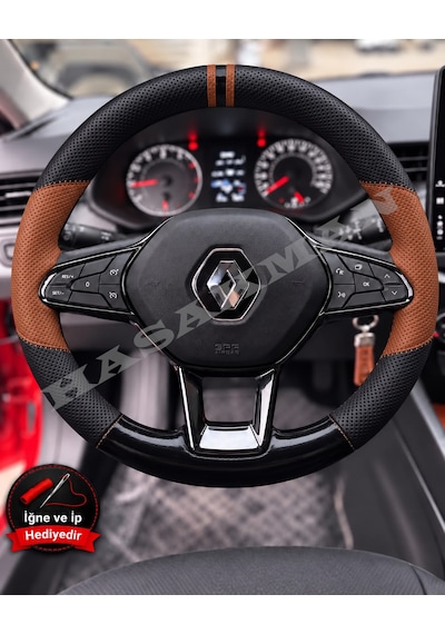 Renault Taliant Dikme Direksiyon Kılıfı Delikli Deri Parlak Siyah Taba Detay Çift Yüzük Ve Dikiş 2021-2024