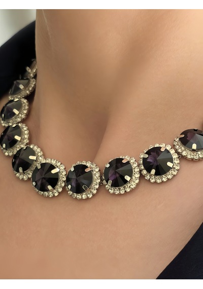 Riviere Kristal Taşlı Çiçek Model Mor Renkli Kolye Küpe Set