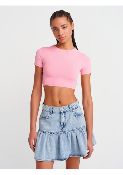 Dilvin 31175 Bisiklet Yaka Crop Top-pembe Pembe