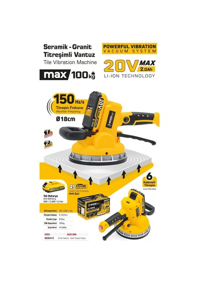 Sgs5415 - 20 Volt 2 Amper Akülü Titreşimli Vantuz Seramik Granit Mermer Kiremit Döşeme Makinesi