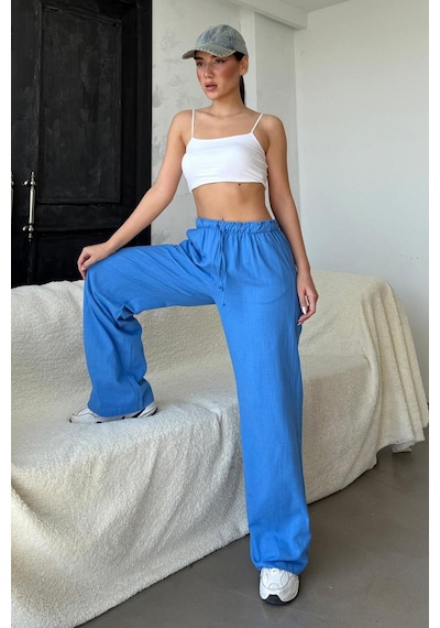 Madmext Saks Beli Büzgülü Wide Leg Kumaş Pantolon Mg1950 Saks