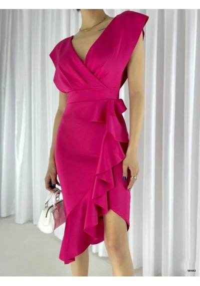 Defymoda Scuba Kumaş Önü Fırfırlı Midi Boy Elbise Pembe