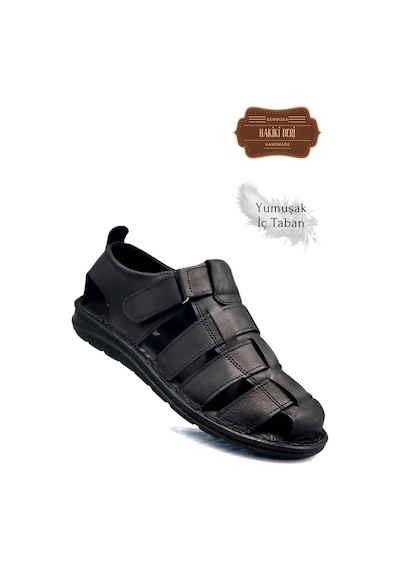 Sermoda Hakiki Deri Burnu Kapalı Erkek Sandalet Siyah