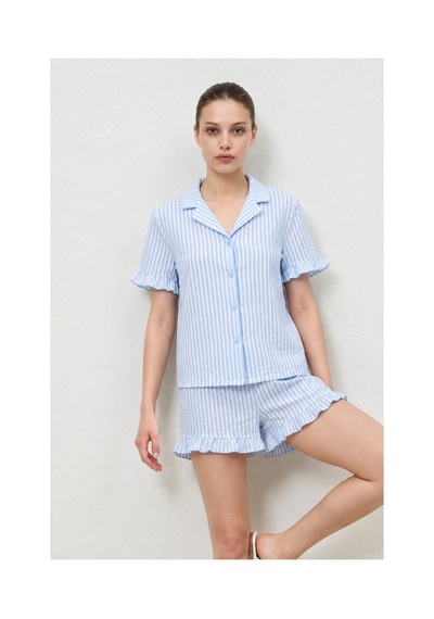 Fit Women Kadın Premium Fırfırlı Mavi Pijama Takımı
