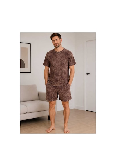 Pijamask Erkek Baskılı Şortlu Pamuklu Yazlık Pijama Takımı Kahverengi