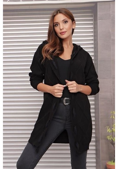 Aqe Fashion Kapüşonlu Kabartma Desenli Şerit Garnili Siyah Hırka Siyah