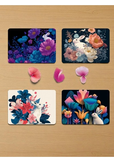 Tavşan Ve Çiçek Baskılı Mousepad 4'lü Mouse Pad Seti 17x21 Cm