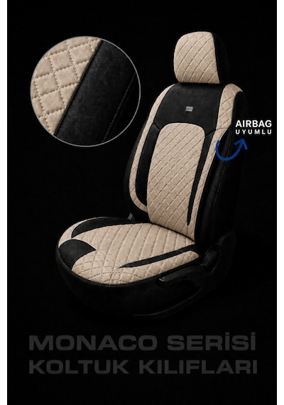 Vw Golf 7 Kasa 2013-2020 Uyumlu Monaco Serisi Eviza Deri Detaylı Bej Siyah Koltuk Kılıfı