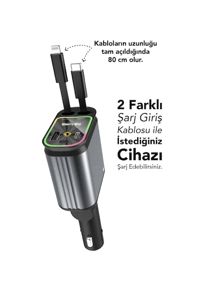 66w 4 Ü 1 Arada Starry Sky Araç Şarj Cihazı Geri Çekilebilir Type-c & Lightning Kablo, Usb-a, Pd 3.0 Hızlı Şarj, Rgb Led Yıldız Tavan Projektörü, 12v-24v Uyumlu Çoklu Şarj Adaptörü