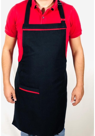 Siyah Kırmızı Detaylı Askılı Cafe Restoran Chef Önlük Modeli