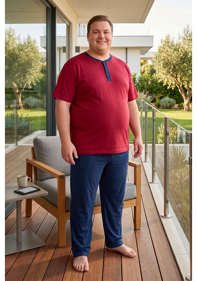Bravie Erkek Yakası Düğmeli Altı Uzun Kısa Kollu Pamuklu Büyük Beden Yazlık Pijama Takımı Bordo Bordoo