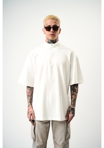 Respire Erkek Be Kind Nakışlı Yarım Fermuarlı Oversize T-shirt Ekru