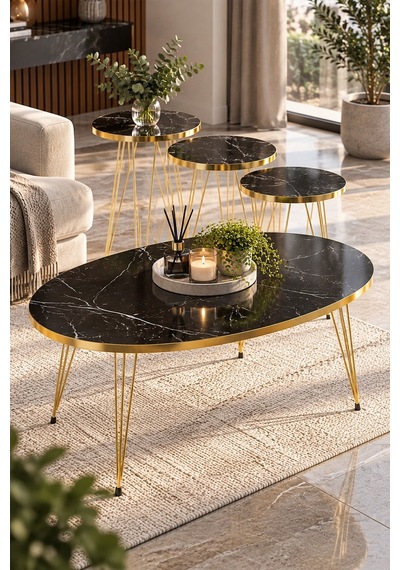 Sulorahome Elips Formlu Gold Detaylı Orta Sehpa Ve 3'lü Zigon Sehpa Seti Beyaz Mermer - Siyah Mermer - Altın Ayak