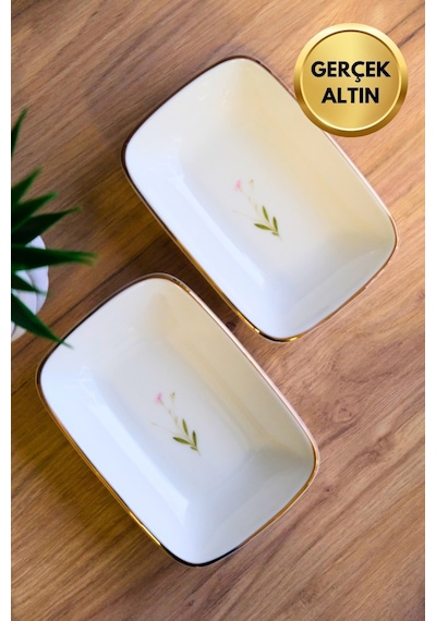 Tabak Evi Porselen Natura Çuha Altın Yaldızlı Dikdörtgen Kayık Tabak 14x9,8cm 2 Li Çok Renkli