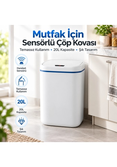 Mutfak İçin 20l Sensörlü Otomatik Kapaklı Çöp Kovası Çok Renkli