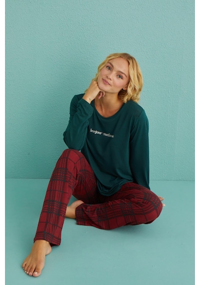 Mihra Kadın Pijama Takımı Uzun Kol Kışlık Yeşil