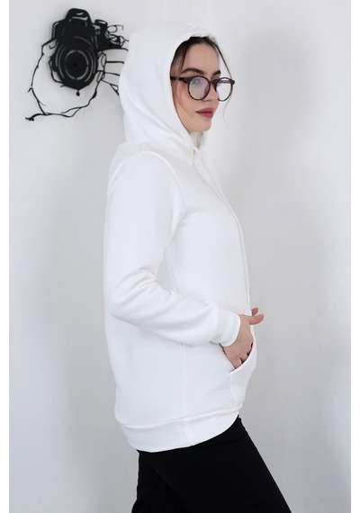Hodies Winter Kapşonlu Kanguru Cep 3 İplik Puf Yumuşacık İçi Polarlı Sweatshirt Beyaz