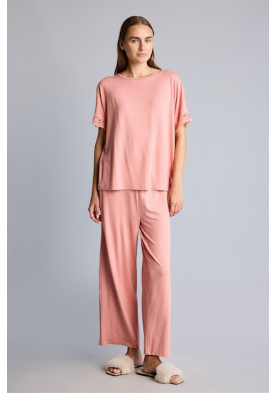 Defacto Regular Fit Kısa Kollu Dantel Detaylı Üst Geniş Paça Alt 2li Pijama Takımı I5544ax26aubr478 Bordo-br478