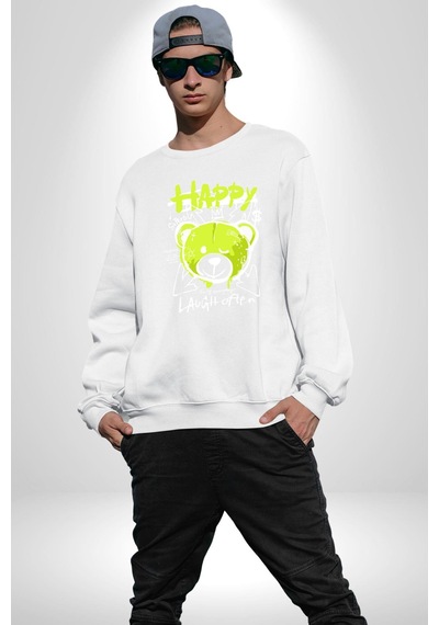 Sık Sık Mutlu Gülmek Teddy Bear Unisex Beyaz Sweatshirt Beyaz