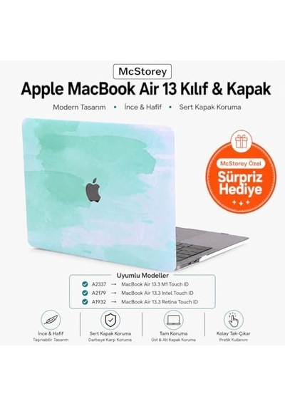 Macbook Air 13 İnç Kılıf A2337 M1 A2179 A1932 Uyumlu Hard Case Sert Kapak Suluboya Desenli Uv Baskılı Koruyucu Kılıf İnce Hafif Laptop Kılıfı Açık Yeşil
