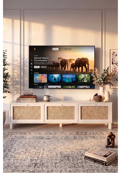 Dune Tv Ünitesi Sehpası Ahşap Ayaklı 3 Ahşap Jüt Kapaklı 180cm Beyaz-jüt Dn2-wj