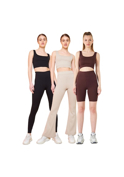 Thiff Gymwear Fitilli Kare Yaka Esnek Örme Crop Büstiyer 3'lü Atlet Set Siyah - Bej - Kahverengi