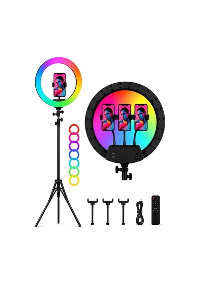 21 İnç Rgb Led Halka Işık, 3 Telefon Tutuculu, Uzaktan Kumandalı, Tiktok Youtube Makyaj Ring Light