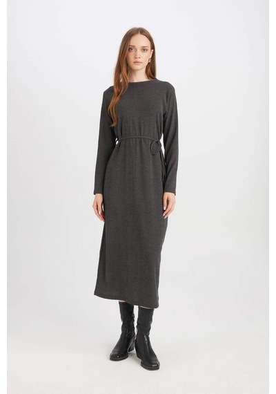 DeFacto Regular Fit Bürümcük Uzun Kollu Midi Elbise D5024AX24AUGR164 Gri