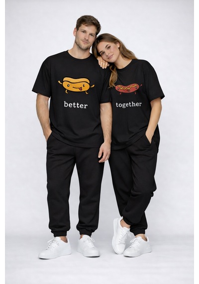 Better Together Baskılı Sevgili Kombini Çift Tişört Oversize Unis Siyah