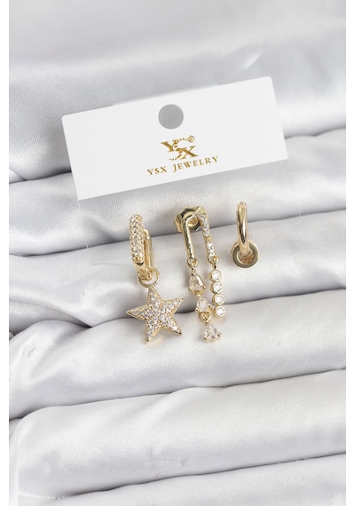 Pirinç Gold Renk Zirkon Taşlı Yıldız Vintage Model Ysx Trio Küpe Seti Altın