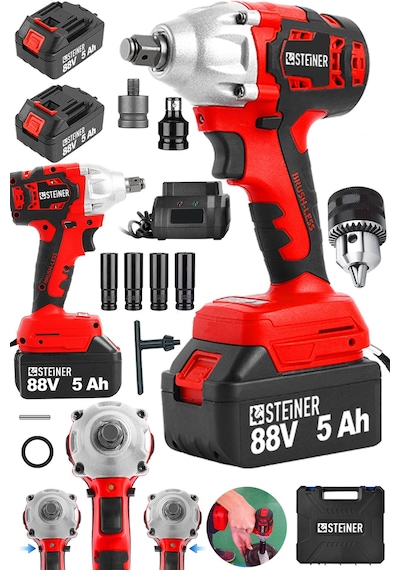 Steiner 88V 5Ah Çift Akülü Kömürsüz Çantalı Matkap Bijon Somun Sıkma Makinesi Kırmızı + Mandren