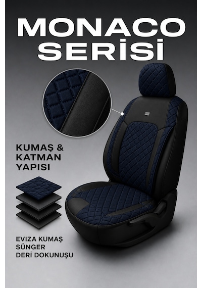 Vw Golf 7 Kasa 2013-2020 Uyumlu Monaco Serisi Eviza Deri Detaylı Lacivert Koltuk Kılıfı