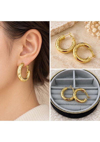 Premium Parlak Ve Şık Gold Renk Dokulu Bombeli Küçük Boy 316l Çelik Halka Kadın Küpe Altın