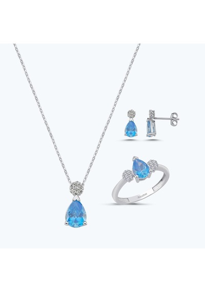 Altınbaş Mavi Taşlı Altın Üçlü Damla Set Autk0035-b-24627-a-set