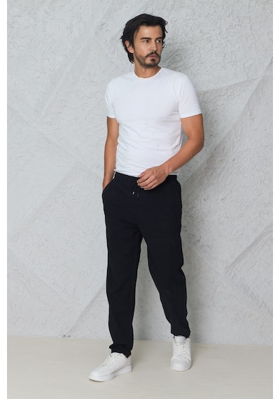 Blayn Jeans Erkek Haki Jogger Pantolon Beli Lastikli Bağcıklı %100 Pamuk Keten Baggy Rahat Günlük Pantolon siyah