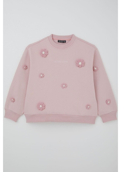Locoloco Kız Çocuk Sweatshirt Çiçek Motifli 9-14 Yaş, Pembe Pembe