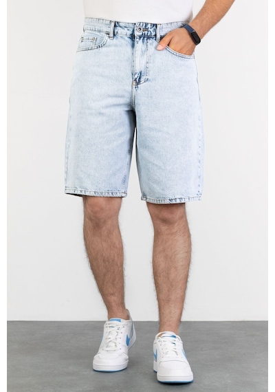 HLT Jeans Erkek Mavi Kar Yıkamalı Baggy Fit Rahat Kesim %100 Pamuk Denim Loose Jeans Kot Şort Arthur-Mavikar 001