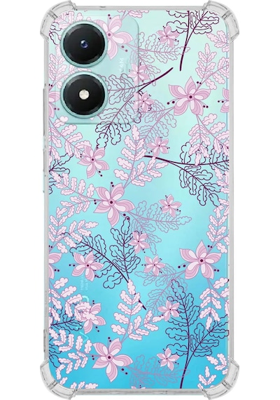 Vivo Y16 Uyumlu Köşe Korumalı Floral Pudra Tasarımlı Şeffaf Silikon Kılıf