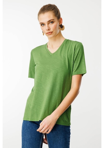 Kadın V Yaka Flamlı Kumaş Basic Tshirt A.yeşil Yeşil Kadın V Yaka Flamlı Kumaş Basic Tshirt A.yeşil Yeşil