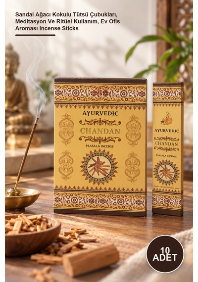 10 Adet Ayurvedic Chandan Aromalı Tütsü Sandal Ağacı Kokulu Tütsü Çubukları, Meditasyon Ve Ritüel Kullanım, Ev Ofis Aroması Incense Sticks